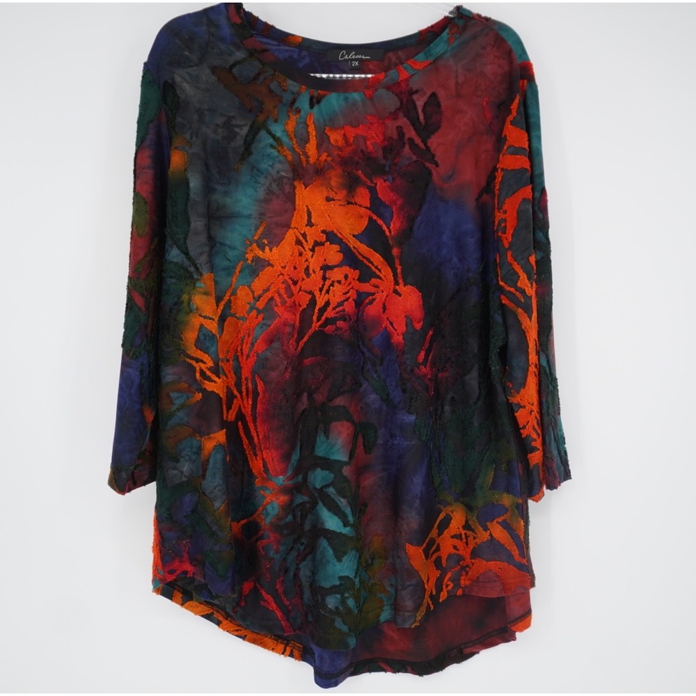 Calessa Womens 2X Abstract Floral gray Burnout Top Multi Color 3/4 Sleeve